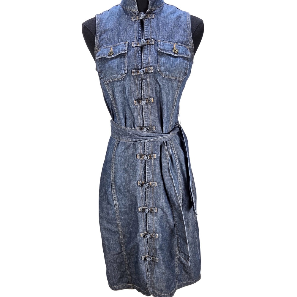 Women's Y2K Ralph Lauren Jeans 2P Denim Midi Dress Frog Button Chinoiserie